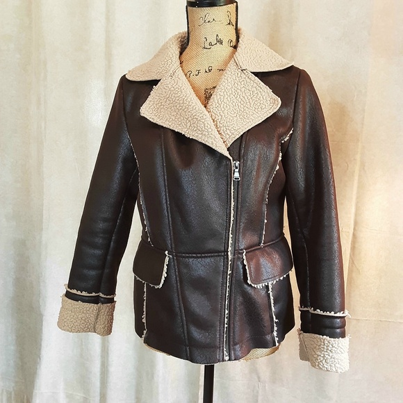 Dark Brown Faux Suede Women's Bomber Jacket Sherpa Lining Sz S - Picture 1 of 14